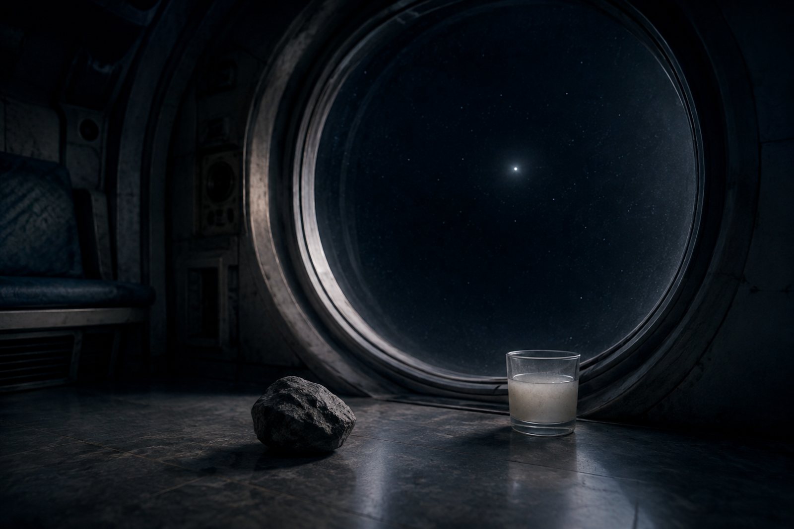 暗い宇宙船の窓辺に置かれた白い飲み物のグラスと、床に転がる小さな岩